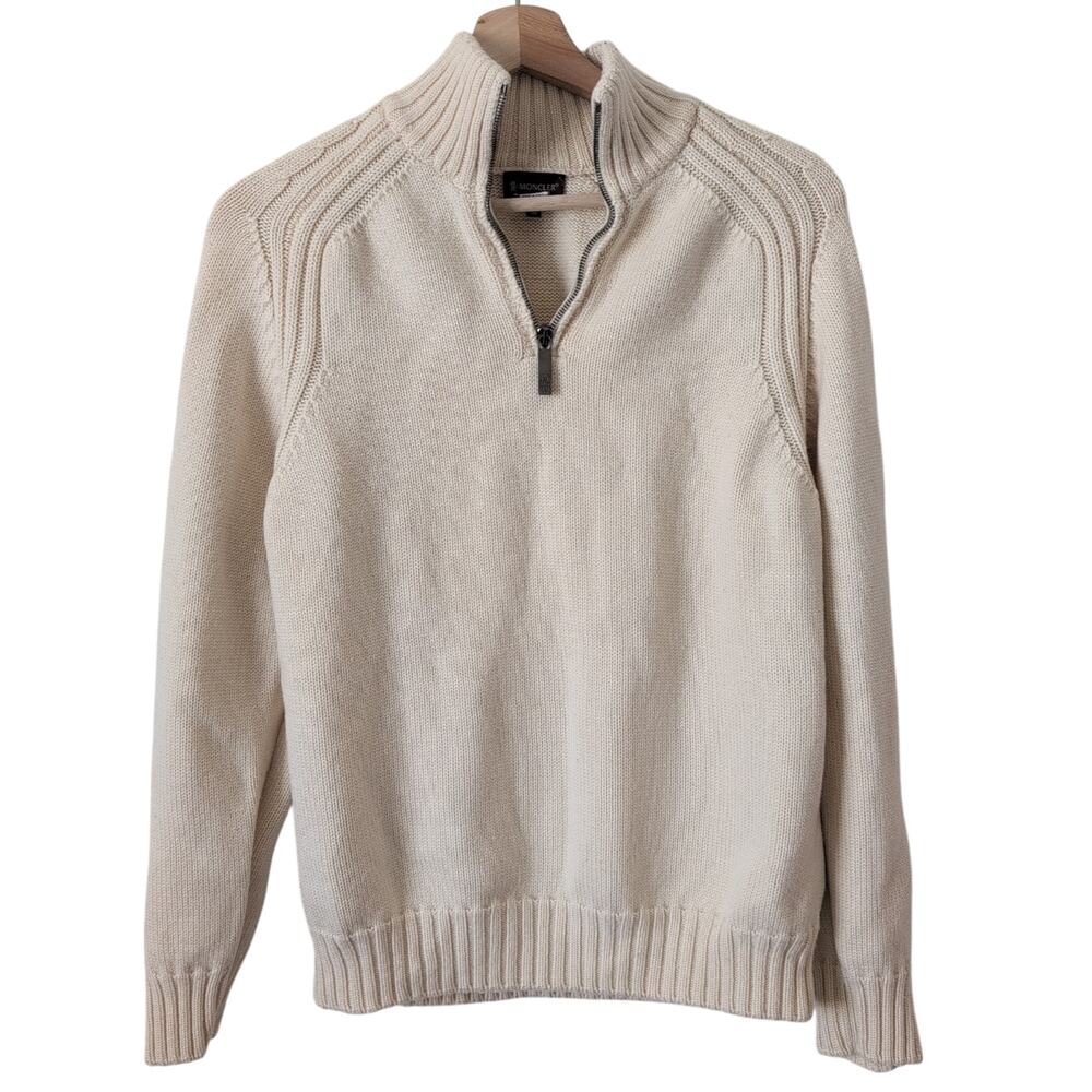 VTG Moncler 1/4 Zip Sweater Womens Medium Cream Heavy New‎ Wool Made in Italy
